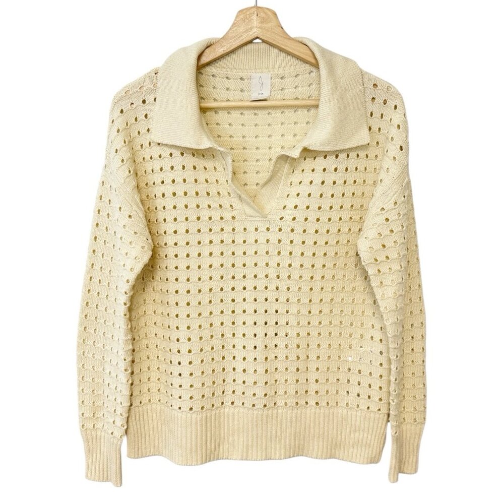 Joie Ivory Perforated‎ Pointelle- Knit Top Eyelet Collared V-Neck Casual Sweater